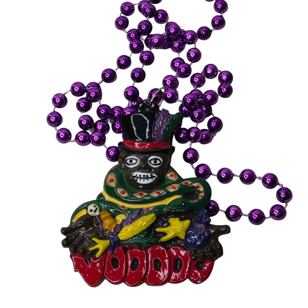 Vintage Necklace 32" Voodoo Doctor New Orleans Mardi Gras Pendant 3" Hand Paint